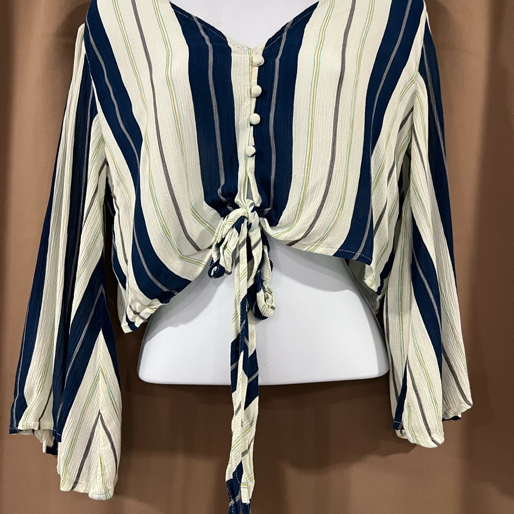 Patrons of Peace -Long Sleeve, Front-Tie Striped, Button Down Crop Top